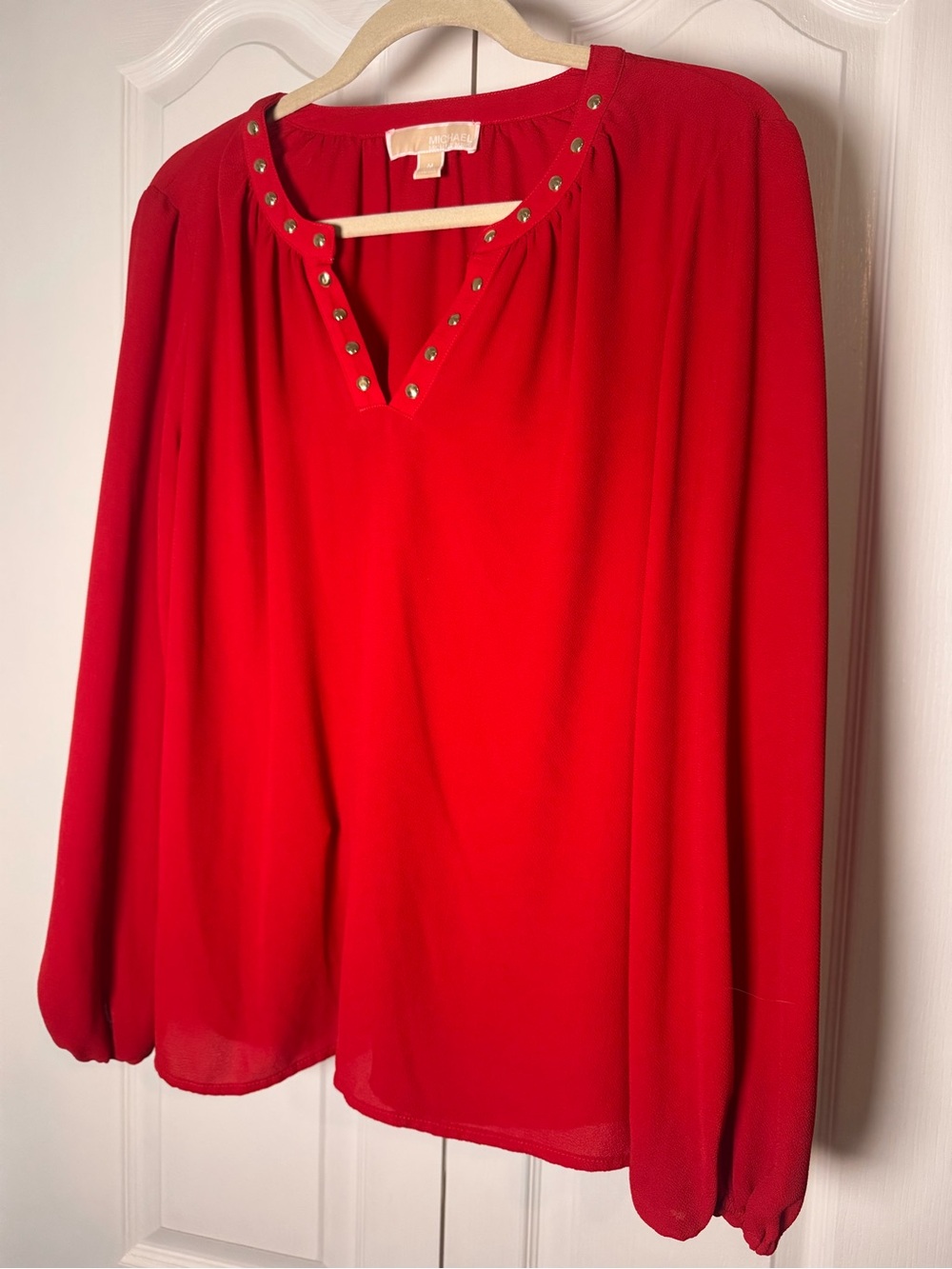 Michael Kors Red Long-Sleeve Stud-Trim Blouse